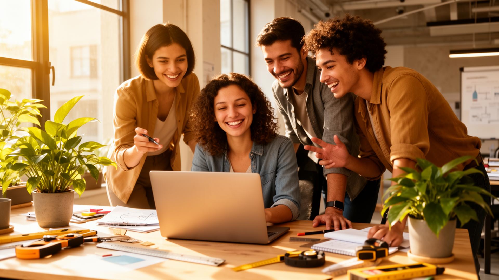 A marketing team working together around a laptop in a bright office