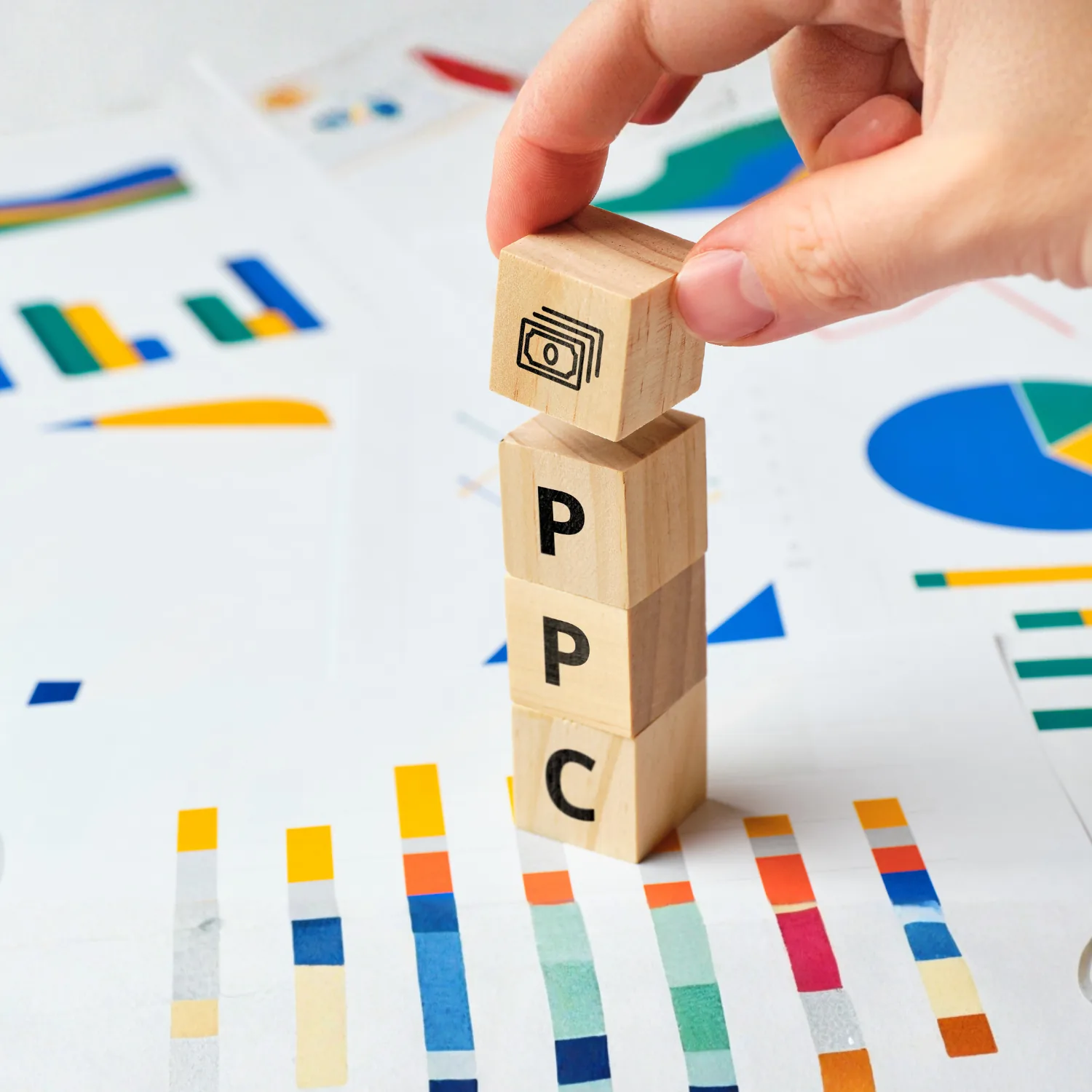 A hand stacking wooden blocks spelling PPC on top of printed marketing charts