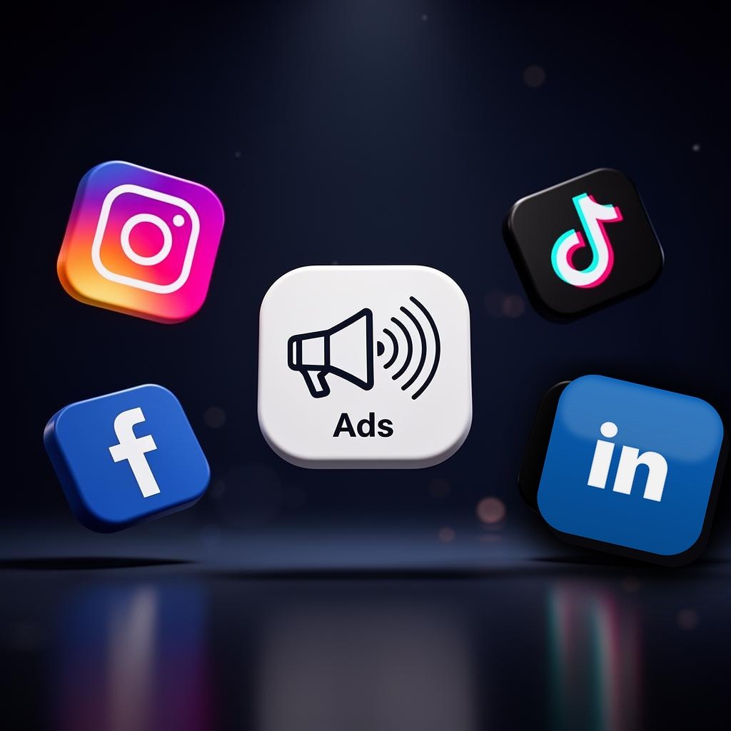 Social media app icons surrounding an advertising megaphone icon