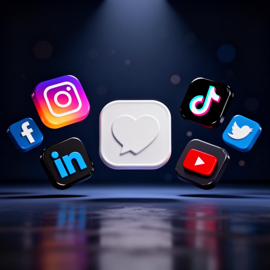 Social media app icons surrounding a heart and speech bubble icon