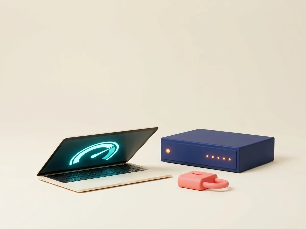 Laptop with a speed gauge showing fast hosting for Warrington websites